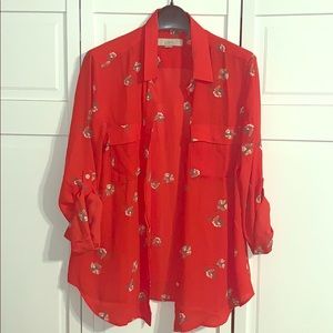 Red floral button down blouse